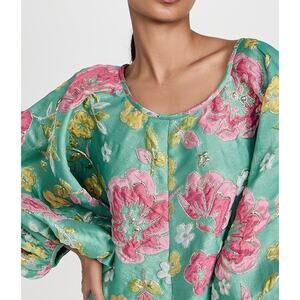 Arianne Elmy Green Good Luck Floral Embroidered Puff Sleeve Top Size S